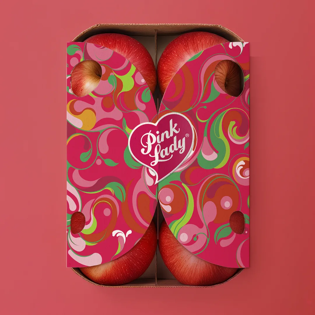 Diseño de packaging para manzanas Pink Lady, ilustración y sistema visual por Bassali.