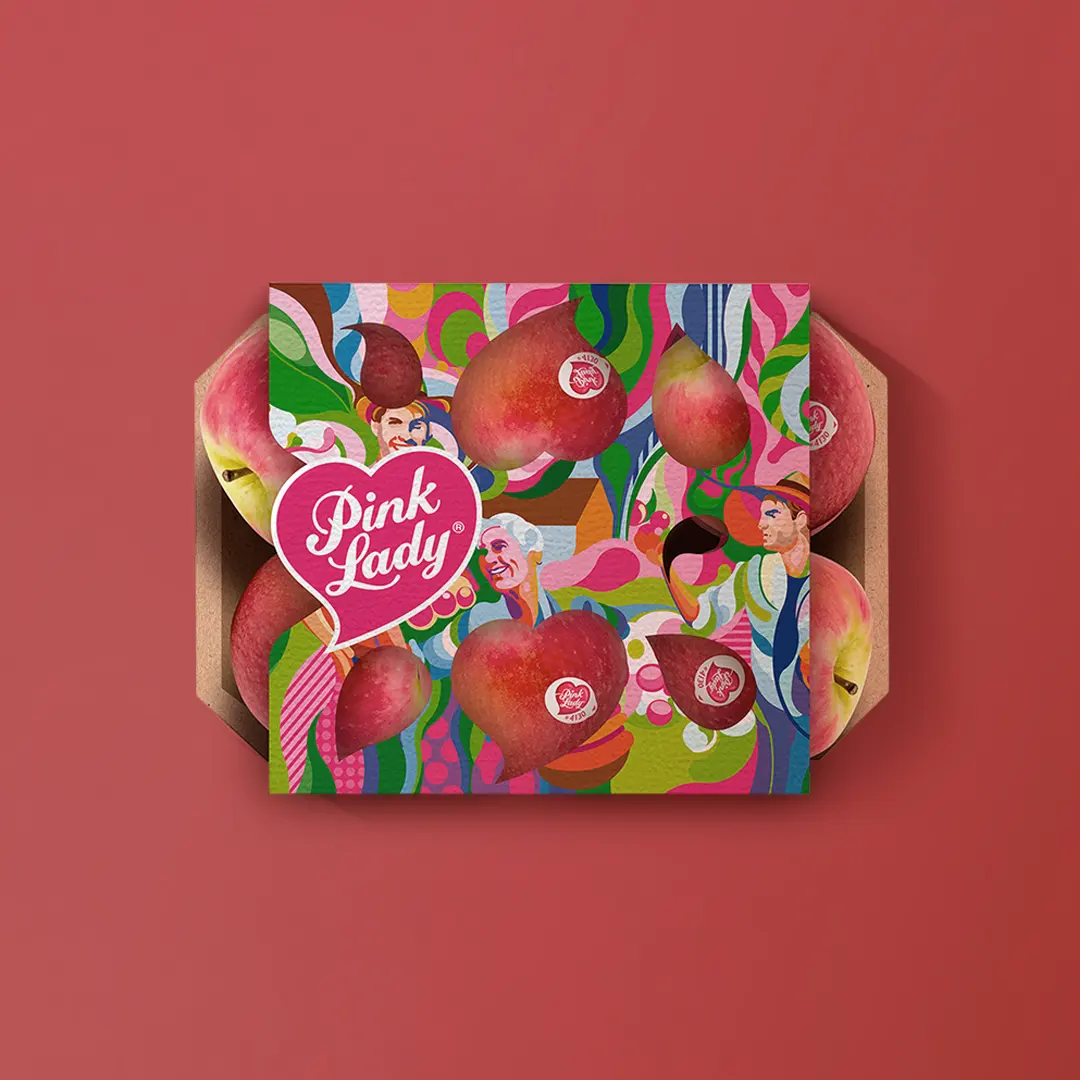 Diseño de packaging para manzanas Pink Lady, ilustración y sistema visual por Bassali.